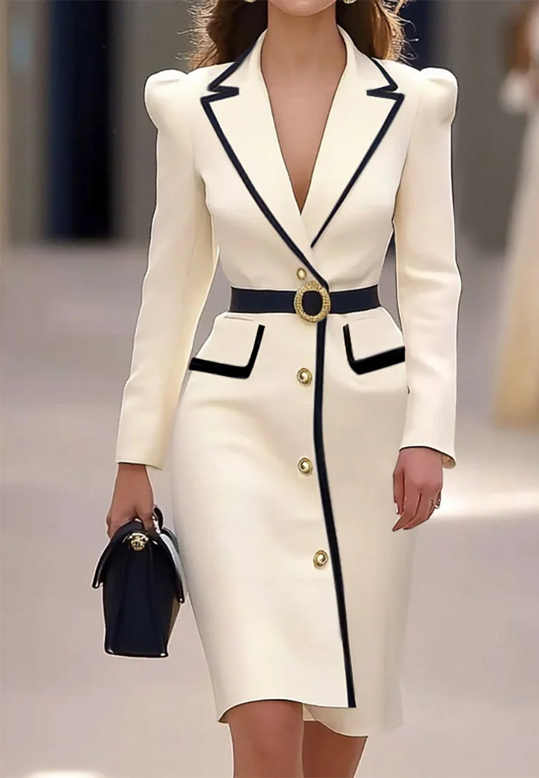 Off White Piping Lapel Collar Long Sleeve Sheath Midi Blazer Dress