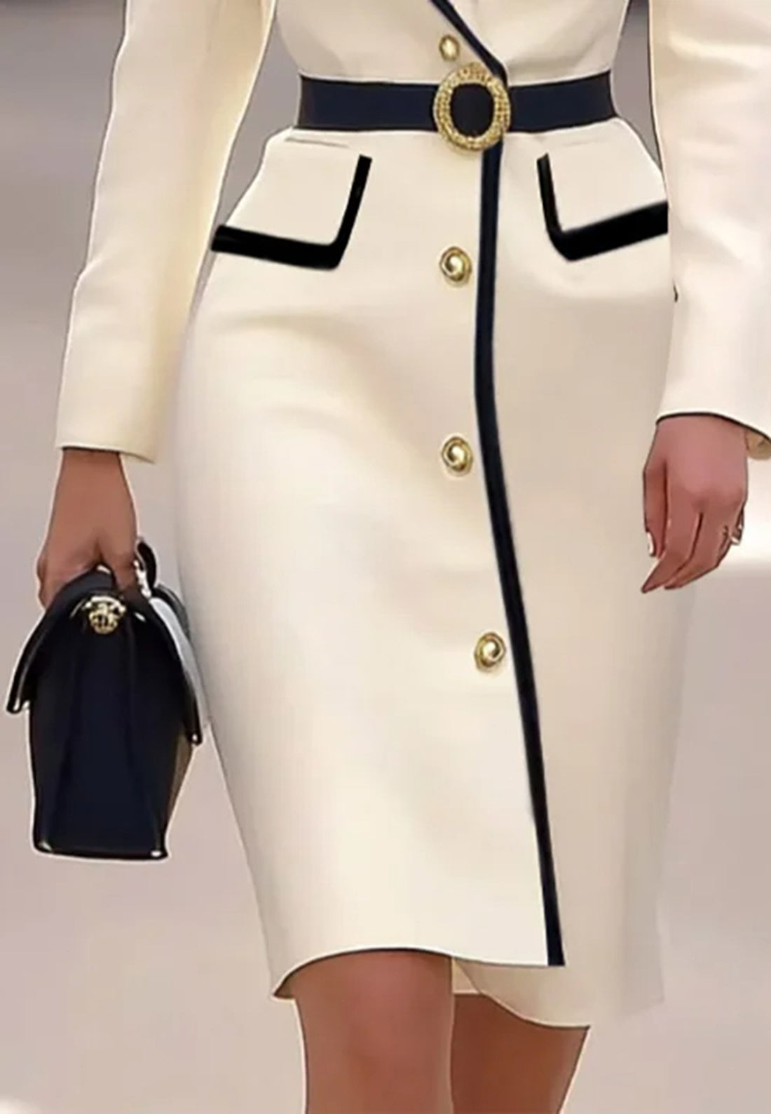 Off White Piping Lapel Collar Long Sleeve Sheath Midi Blazer Dress