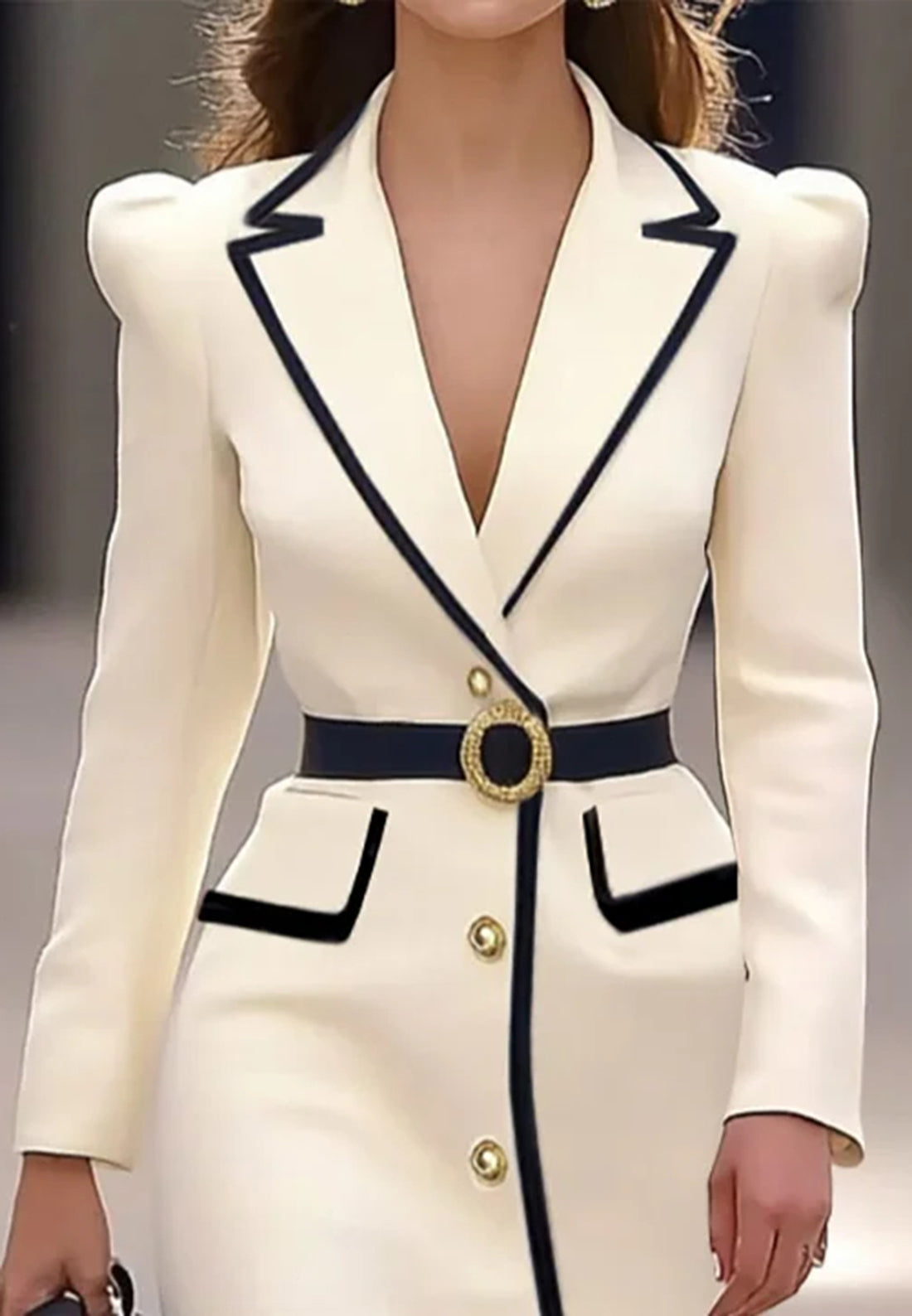 Off White Piping Lapel Collar Long Sleeve Sheath Midi Blazer Dress