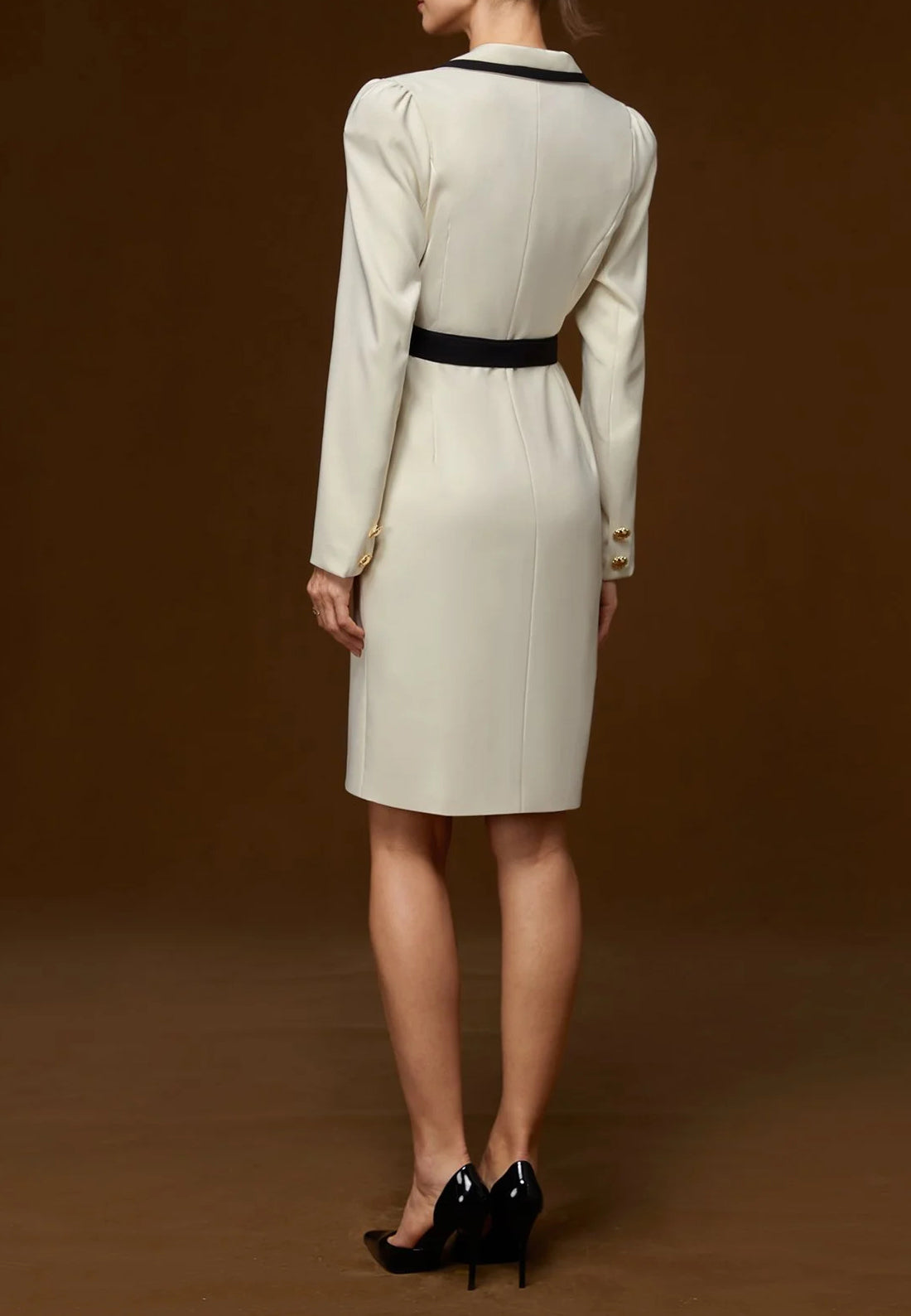 Off White Piping Lapel Collar Long Sleeve Sheath Midi Blazer Dress