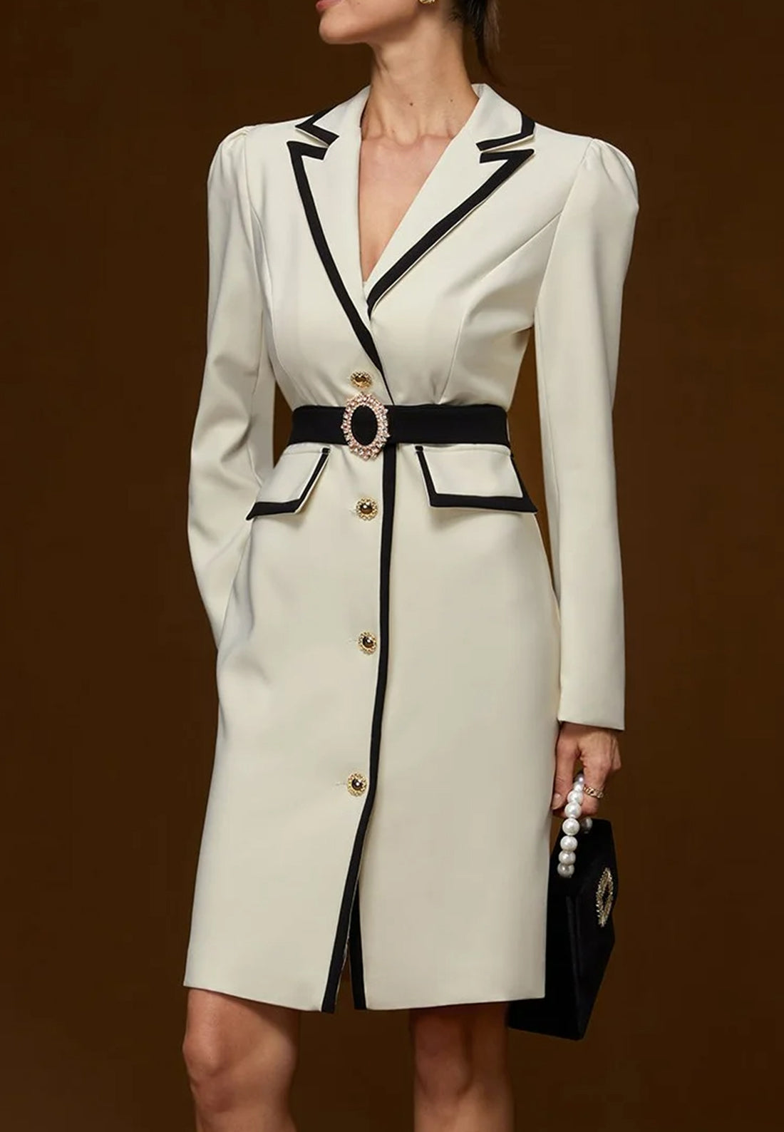 Off White Piping Lapel Collar Long Sleeve Sheath Midi Blazer Dress