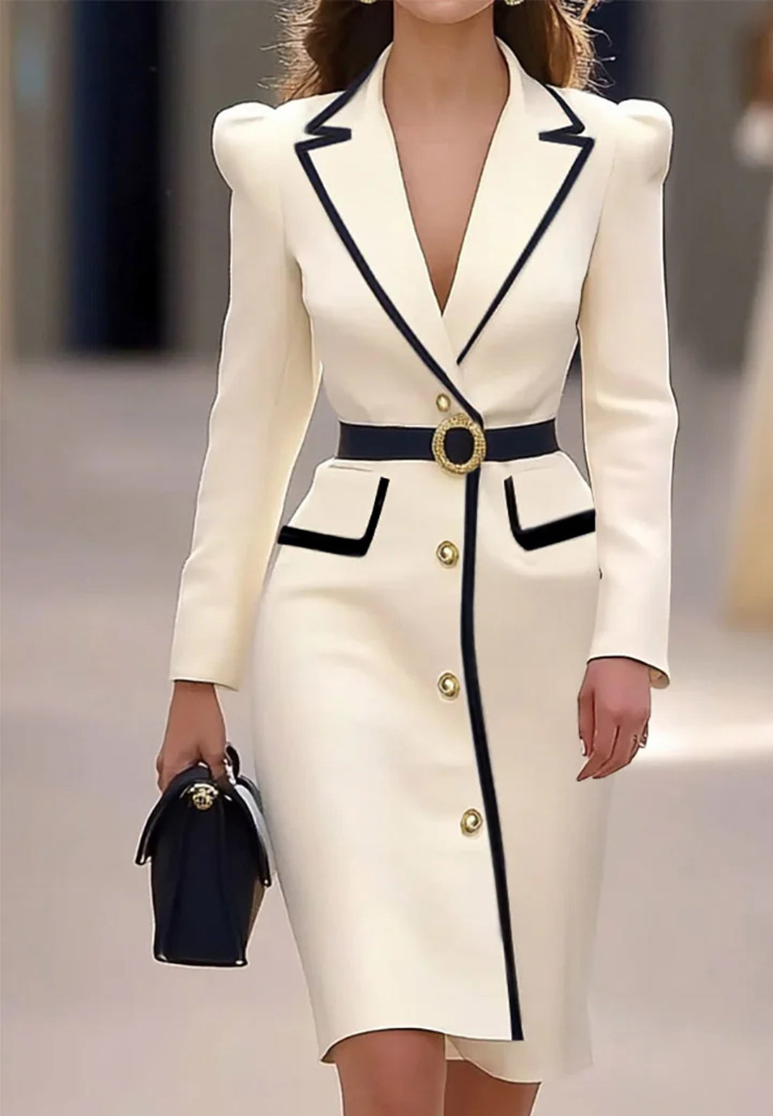 Off White Piping Lapel Collar Long Sleeve Sheath Midi Blazer Dress