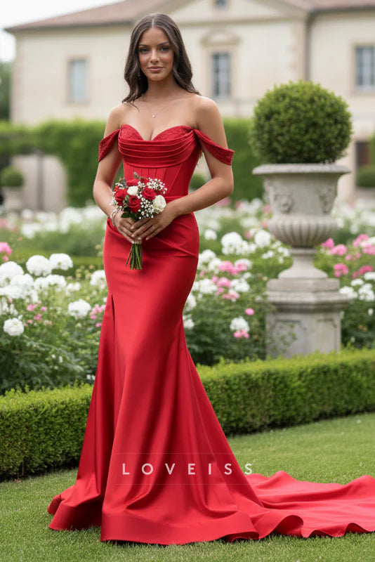 Off the Shoulder Red Mermaid Long Dress with Diamond