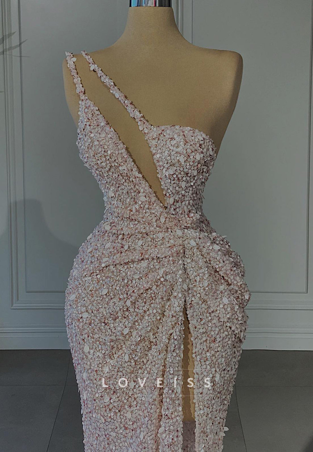 One Shoulder Illusion Sequins Evening Dress Sparkly Sheath Party Dress