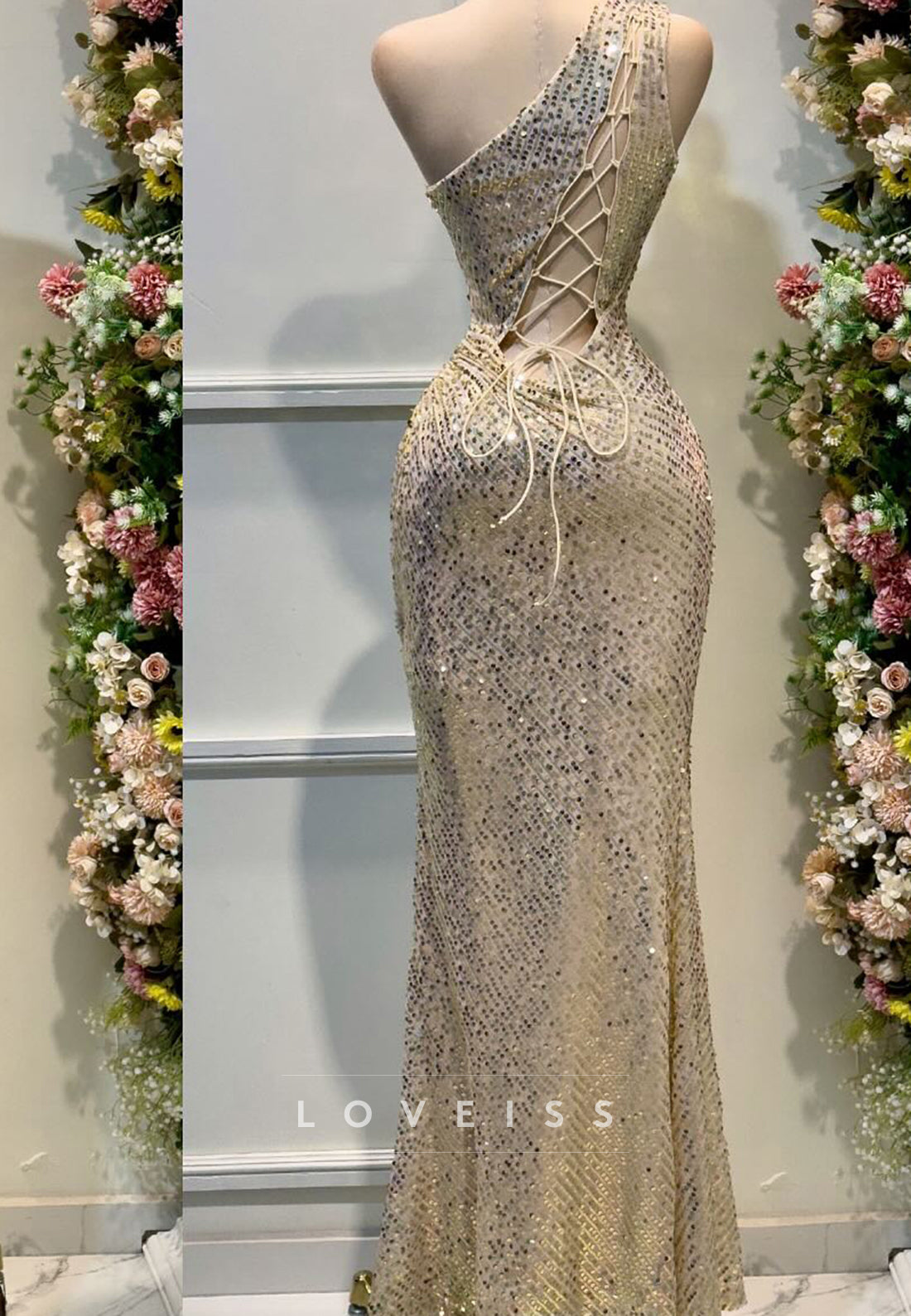 One Shoulder Sequins Sleeveless Side Slit Sheath Prom Dress