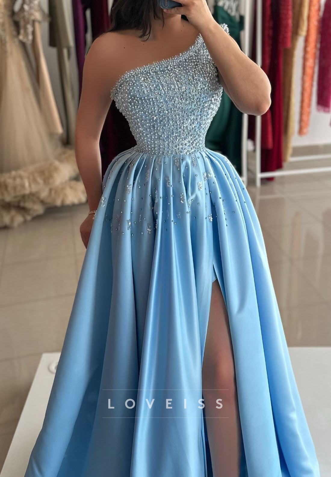 One Shoulder Sleeveles Beaded Sparkly Satin A-Line Prom Dress