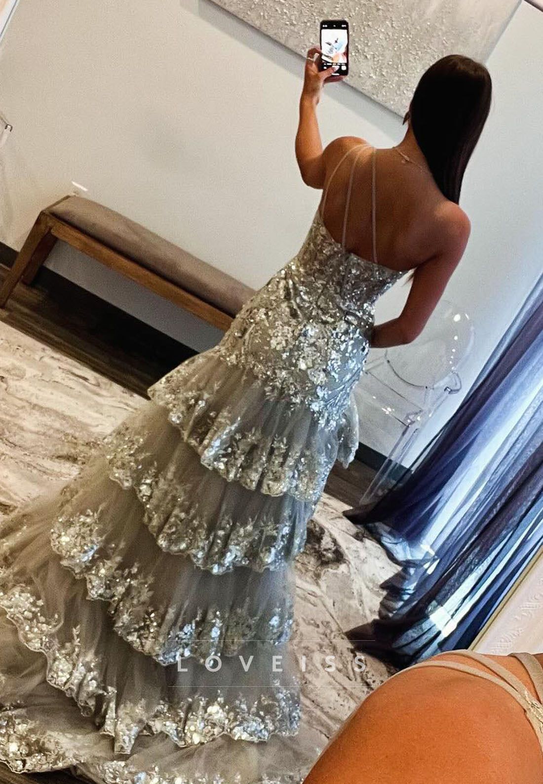 One Shoulder Applliques Sequins Tiered A-Line Prom Dress