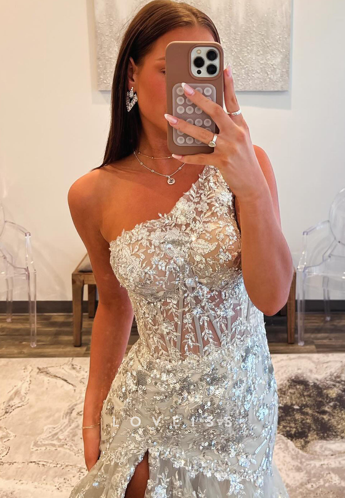 One Shoulder Applliques Sequins Tiered A-Line Prom Dress