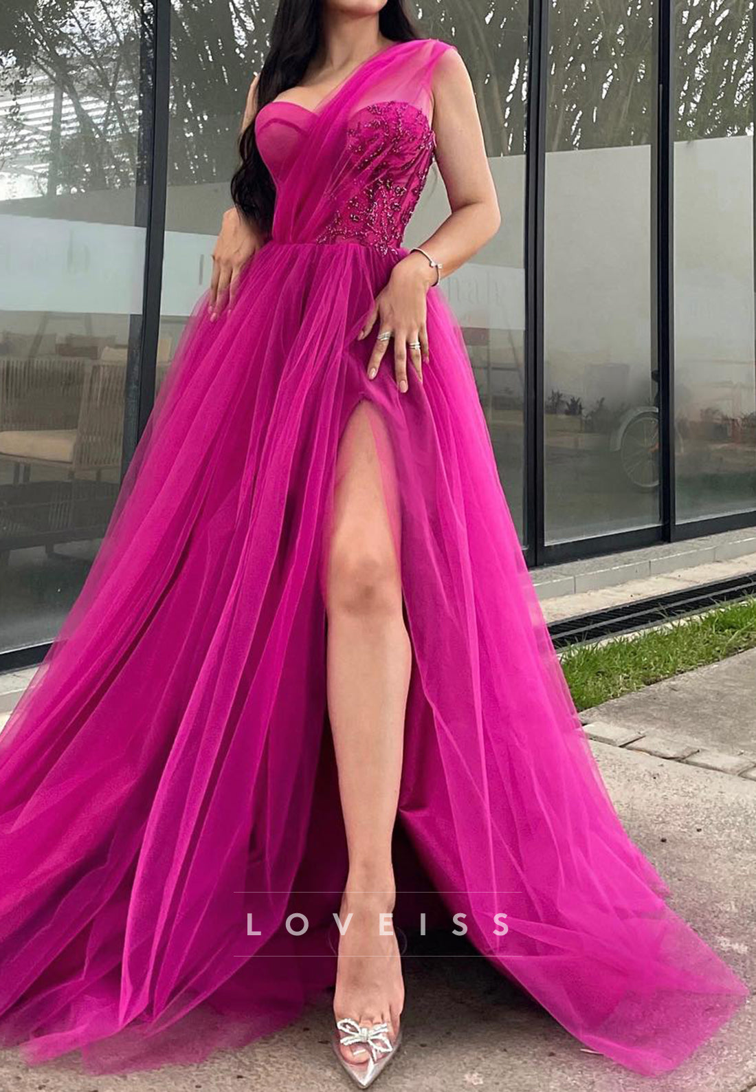 One Shoulder Beaded Tulle Prom Dress A-Line Party Dress