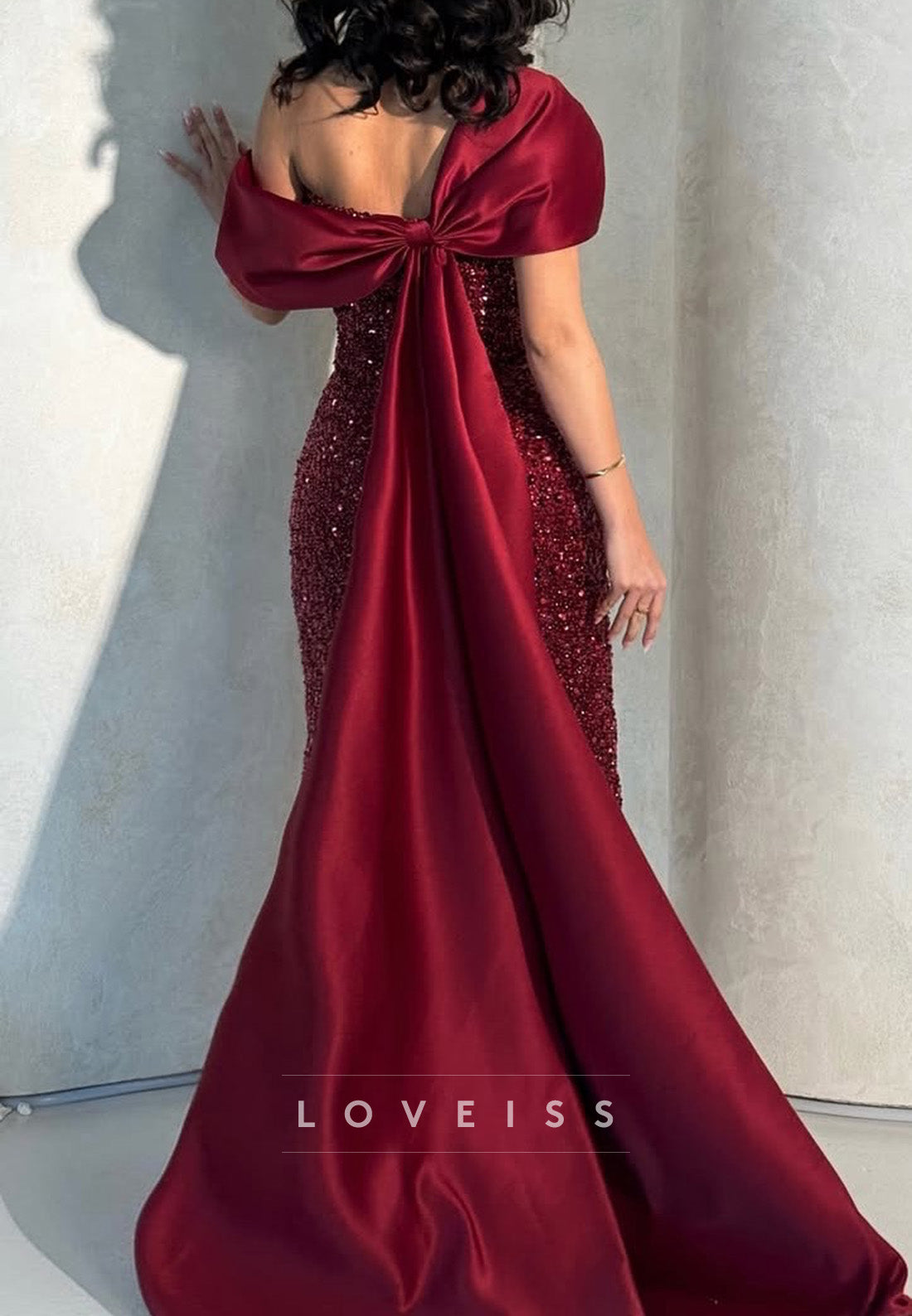 One Shoulder Cap Sleeves Sequins Sparkly Sheath Evening Dress