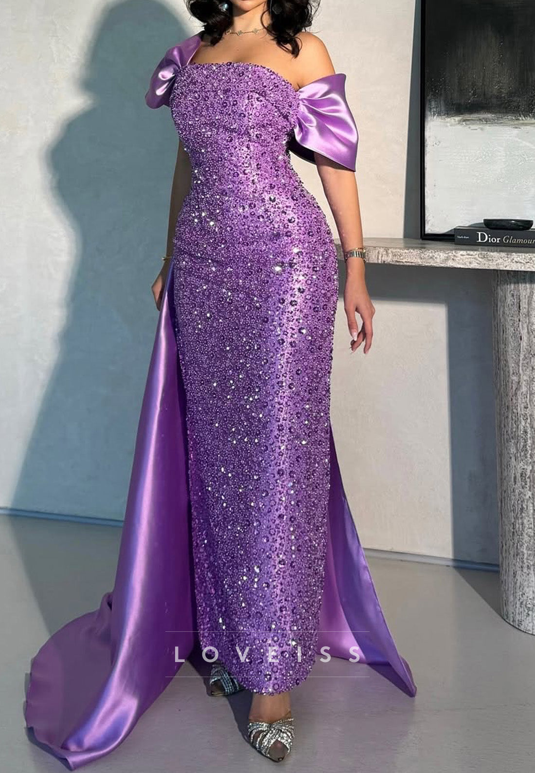 One Shoulder Cap Sleeves Sequins Sparkly Sheath Evening Dress