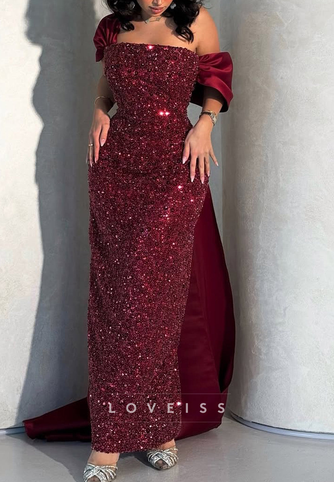 One Shoulder Cap Sleeves Sequins Sparkly Sheath Evening Dress
