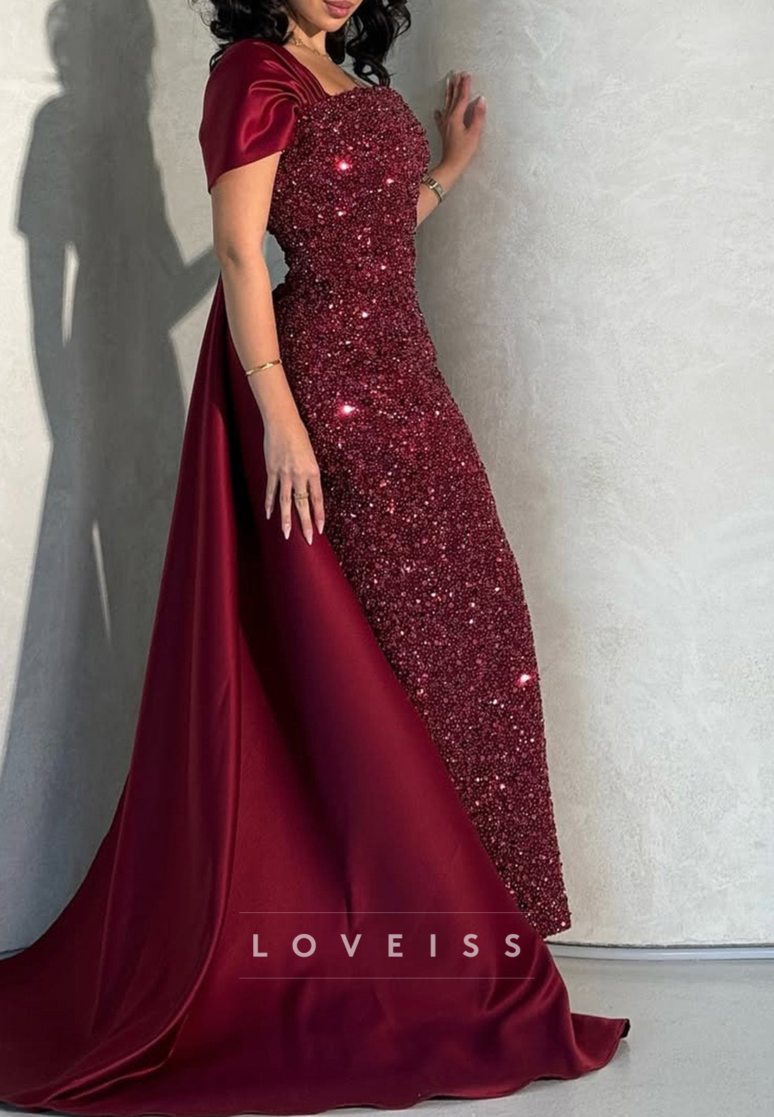 One Shoulder Cap Sleeves Sequins Sparkly Sheath Evening Dress
