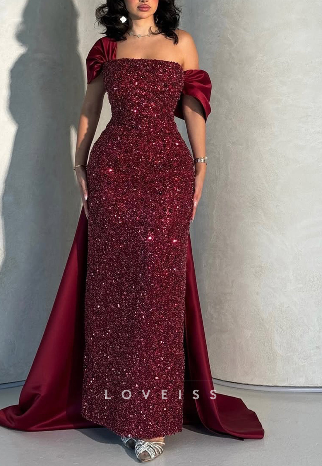 One Shoulder Cap Sleeves Sequins Sparkly Sheath Evening Dress