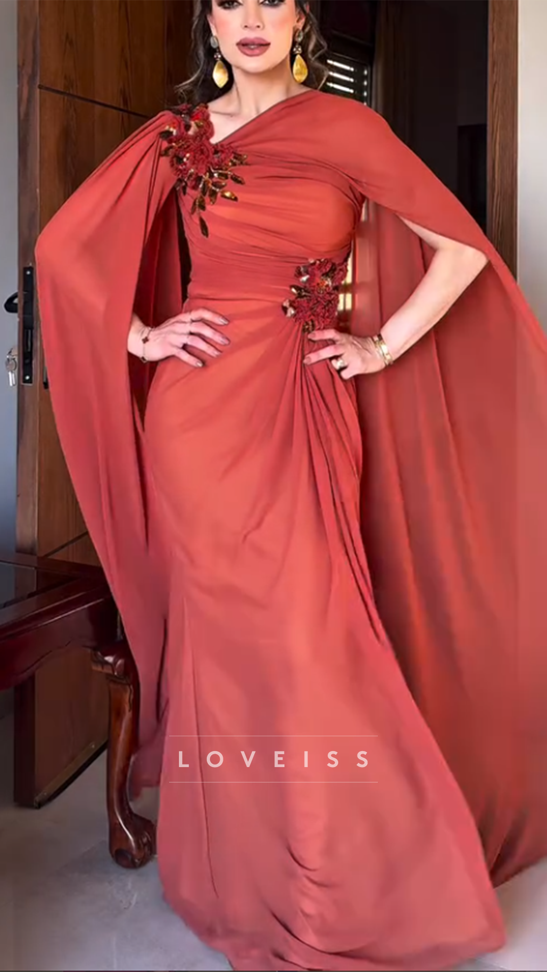 One Shoulder Chiffon Appliques Sheath Evening Dress