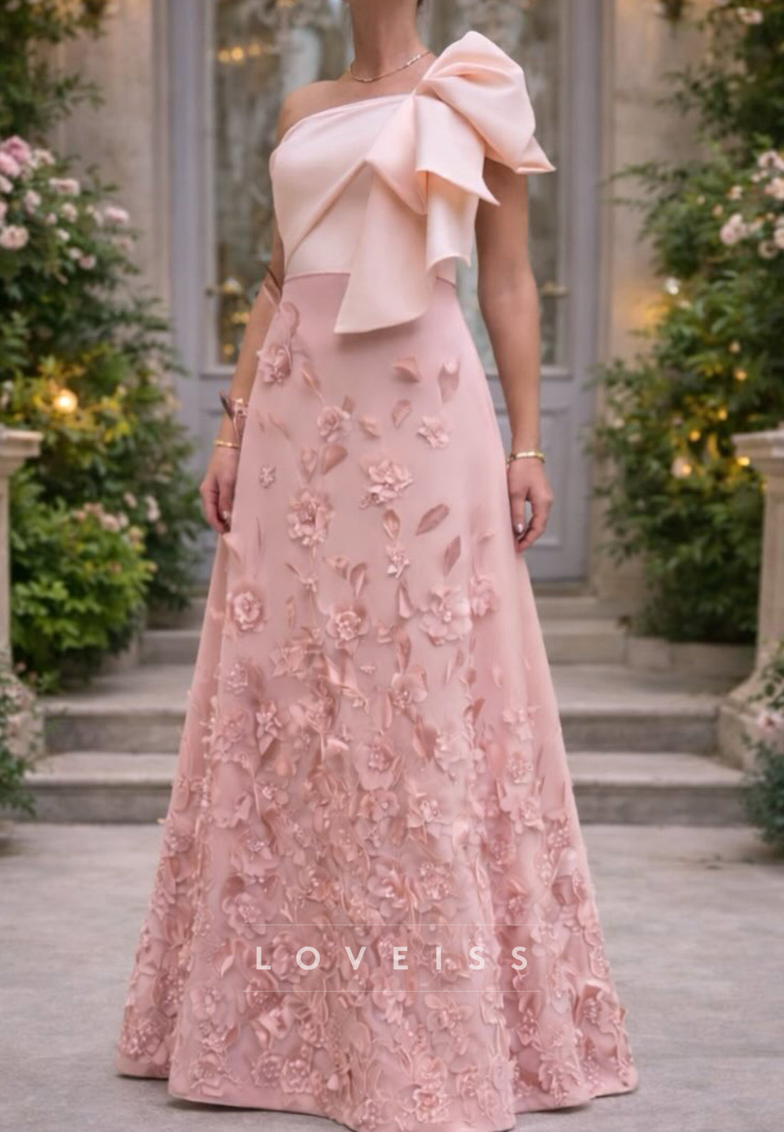 One Shoulder Floral Embellished Bow A-Line Eveningg Dress