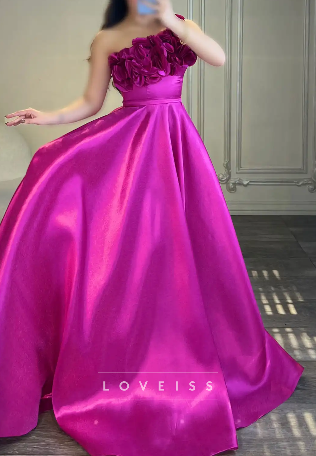 One Shoulder Floral Embellished Pleated Prom Dress A-Line Party Dress