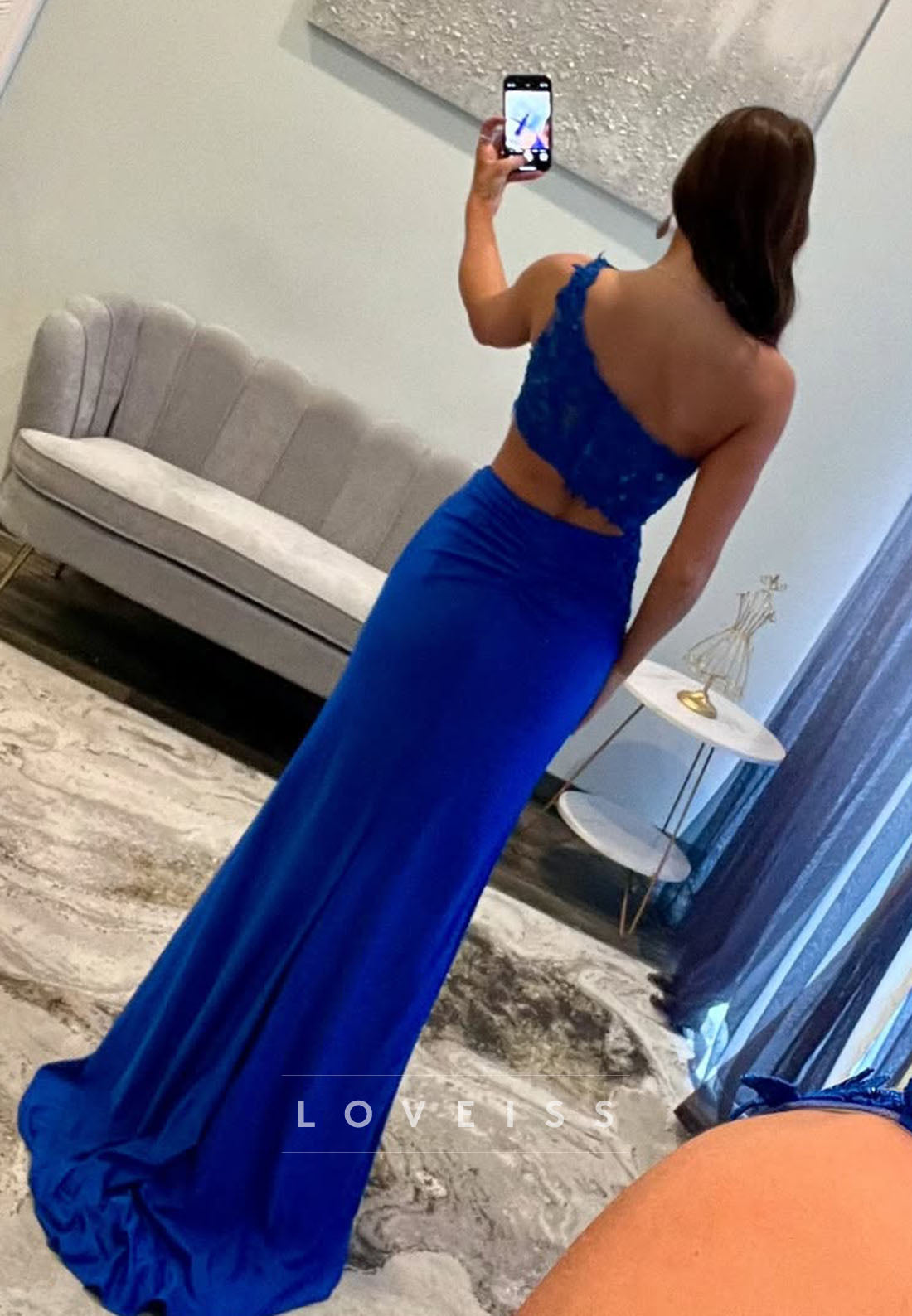 One Shoulder Illusion Appliques Sheath Dress