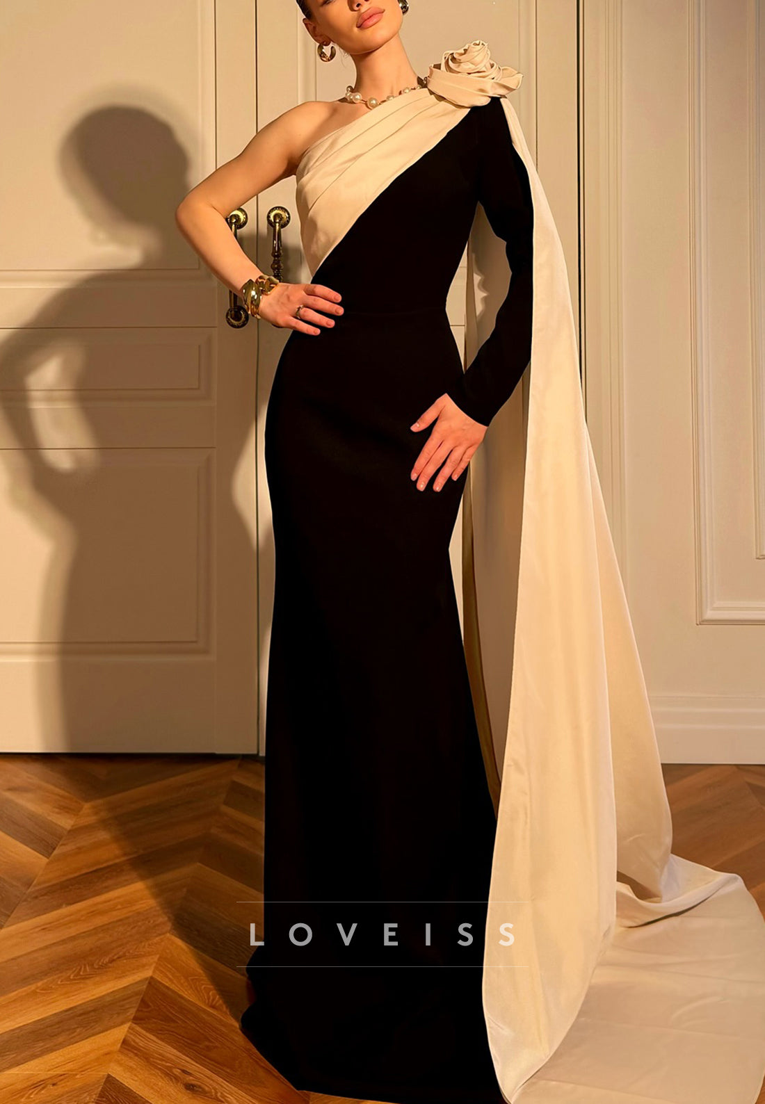 One Shoulder Long Sleeevs Floral Mermaid Evening Dress