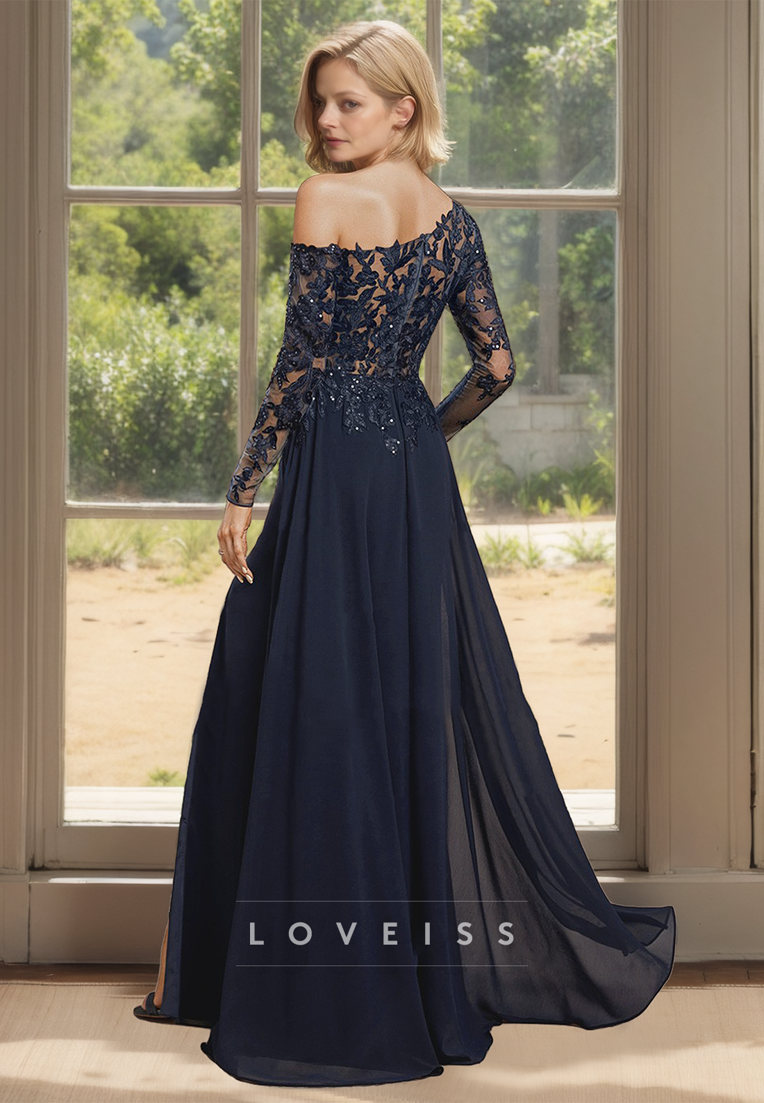 One Shoulder Long Sleeves Apliques Sheath Mother of Bride Dress