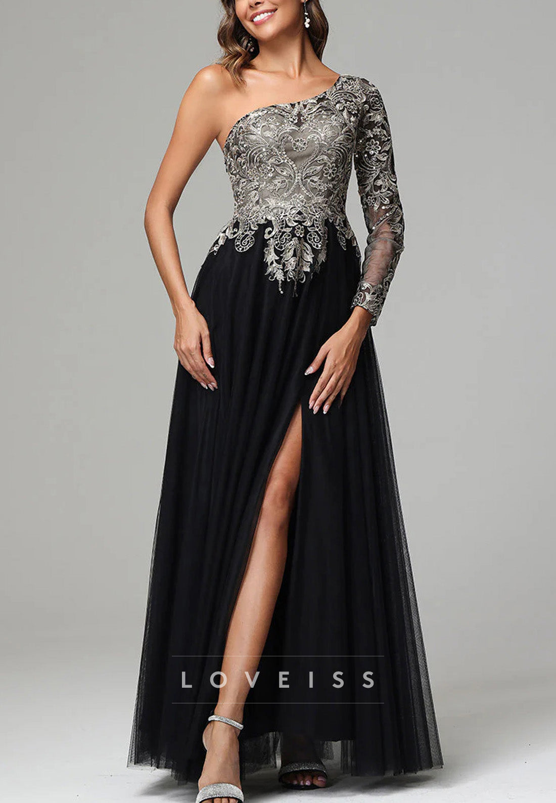 One Shoulder Long Sleeves Appliques A-Line Mother of Bride Dress