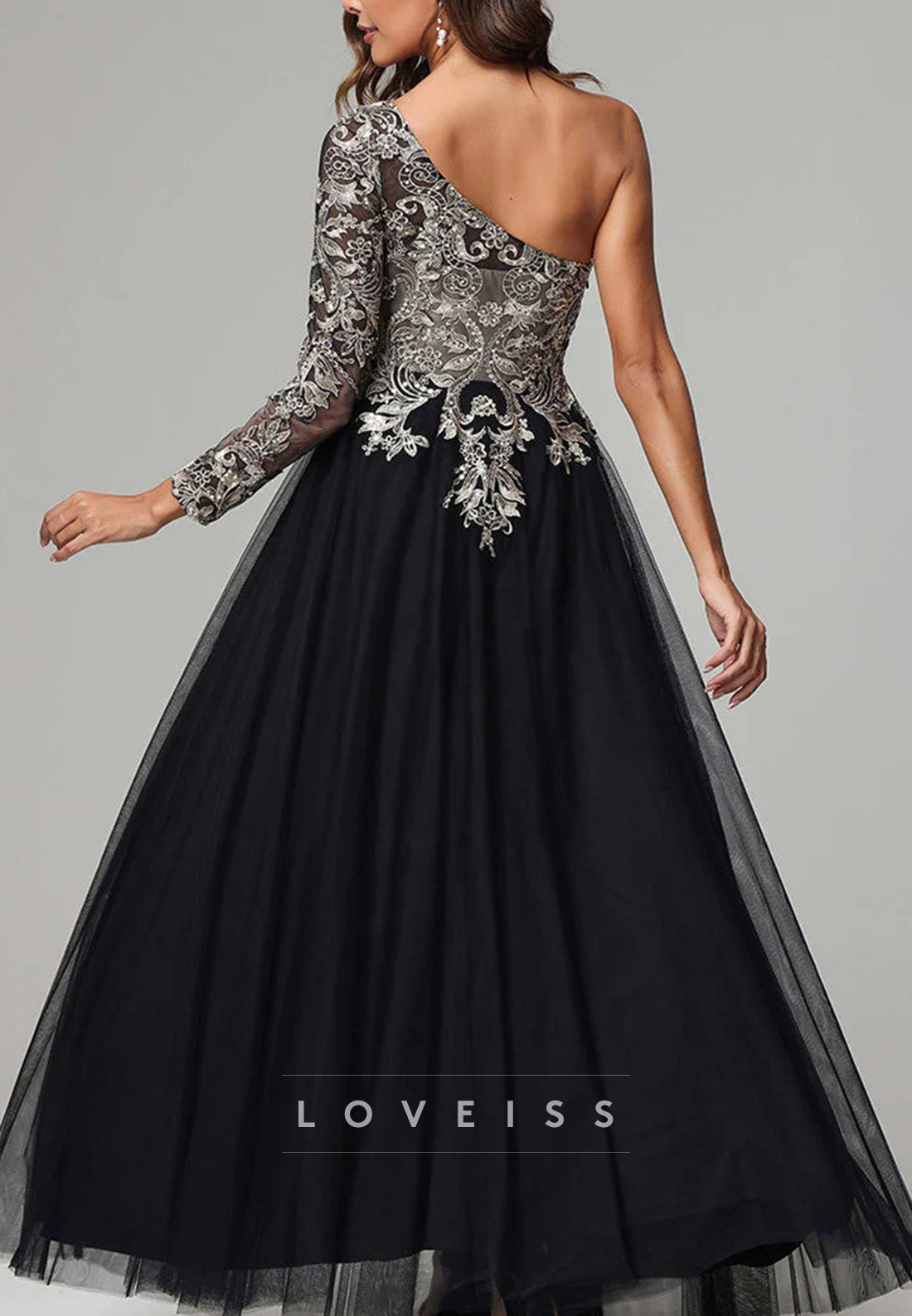 One Shoulder Long Sleeves Appliques A-Line Mother of Bride Dress