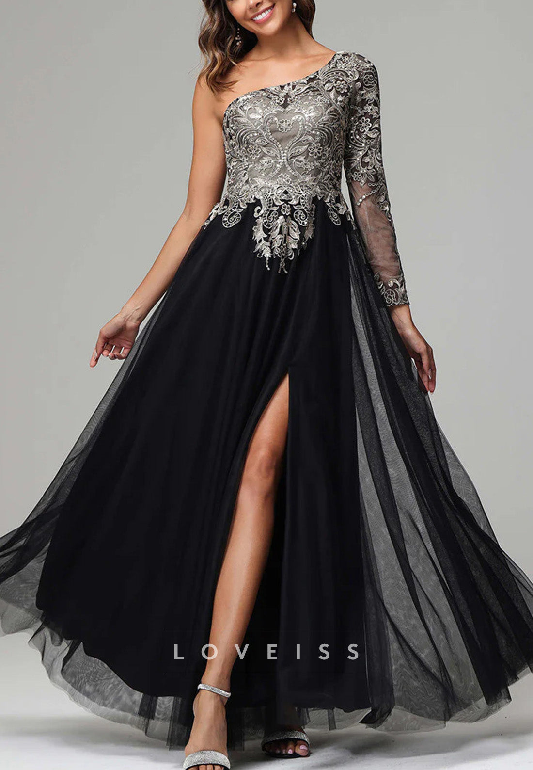 One Shoulder Long Sleeves Appliques A-Line Mother of Bride Dress