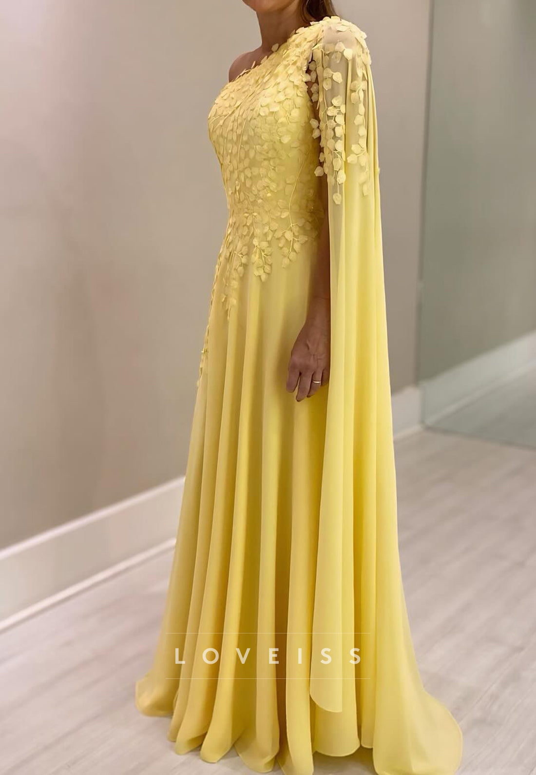 One Shoulder Long Sleeves Appliques A-Line Mother of Bride Dress