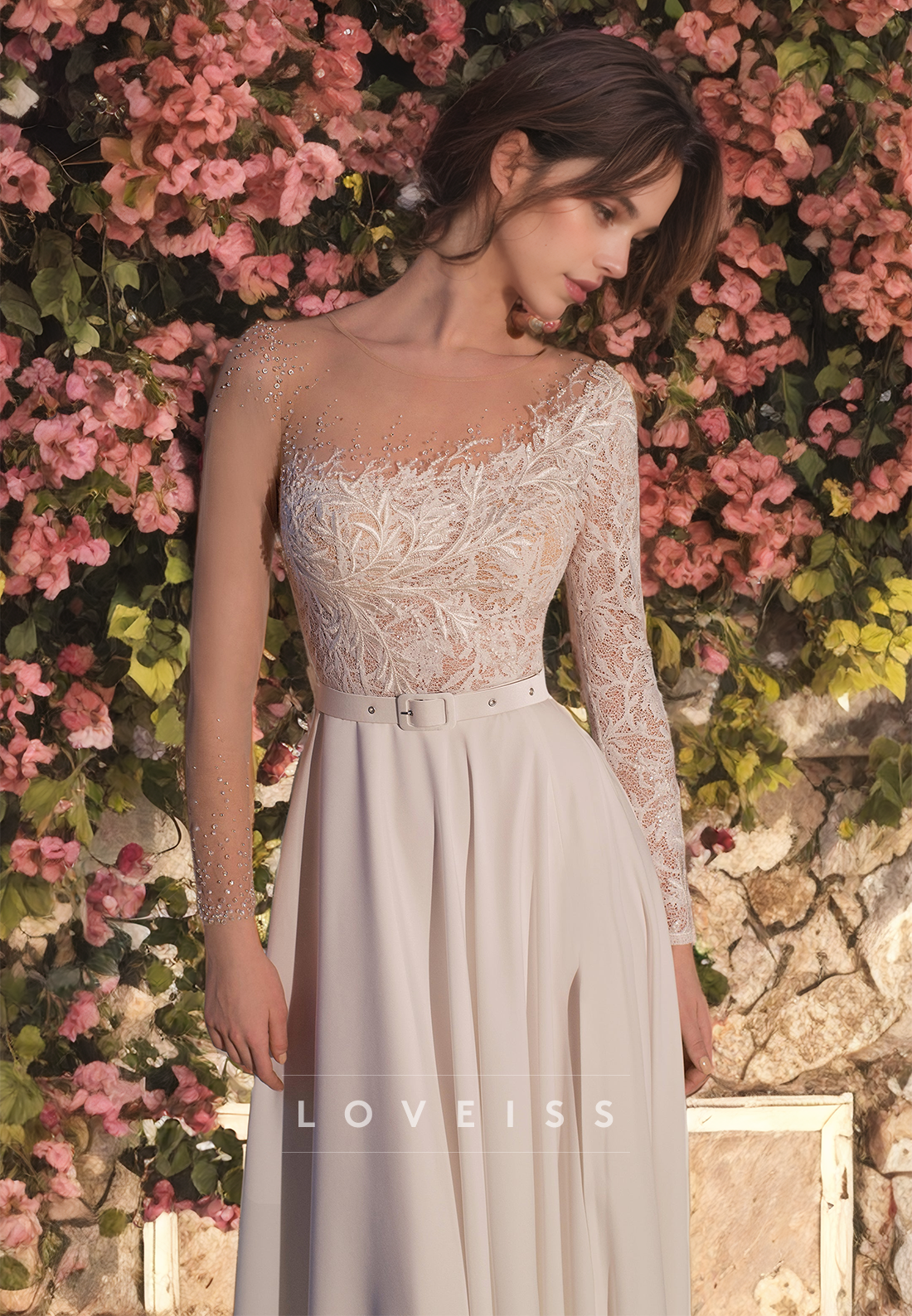 One Shoulder Long Sleeves Appliques Long A-Line Chiffon Beach Wedding Dress