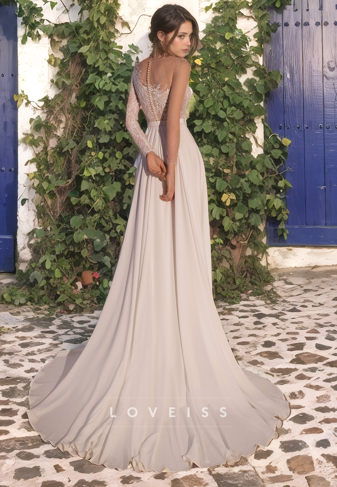 One Shoulder Long Sleeves Appliques Long A-Line Chiffon Beach Wedding Dress