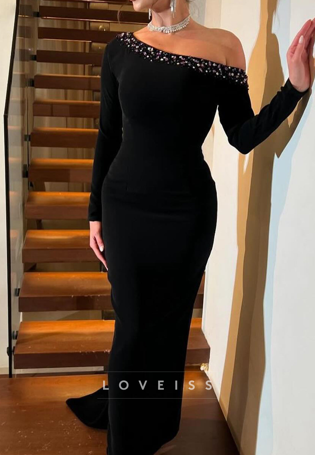 One Shoulder Long Sleeves Baeded Mermaid Formal Dress