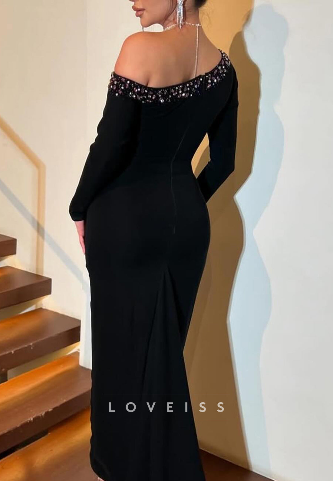 One Shoulder Long Sleeves Baeded Mermaid Formal Dress