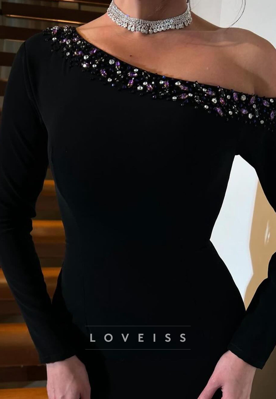 One Shoulder Long Sleeves Baeded Mermaid Formal Dress