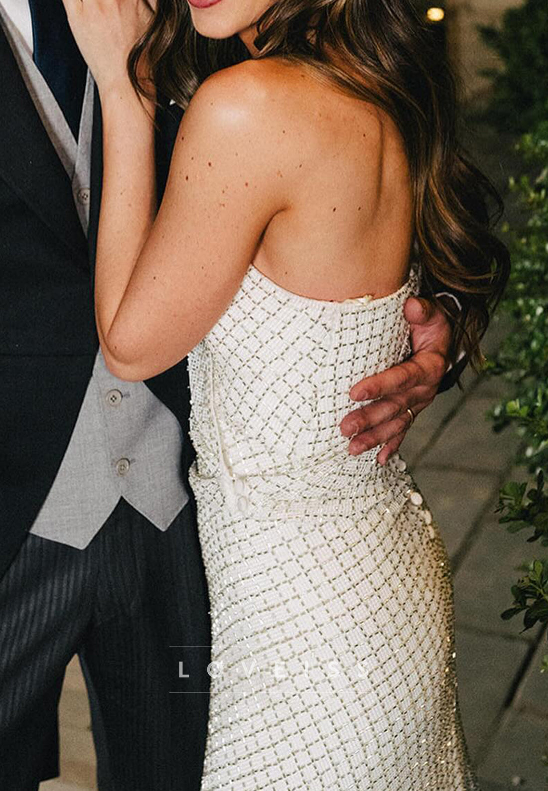One Shoulder Long Sleeves Beaded Embroidery Sheath Wedding Dress