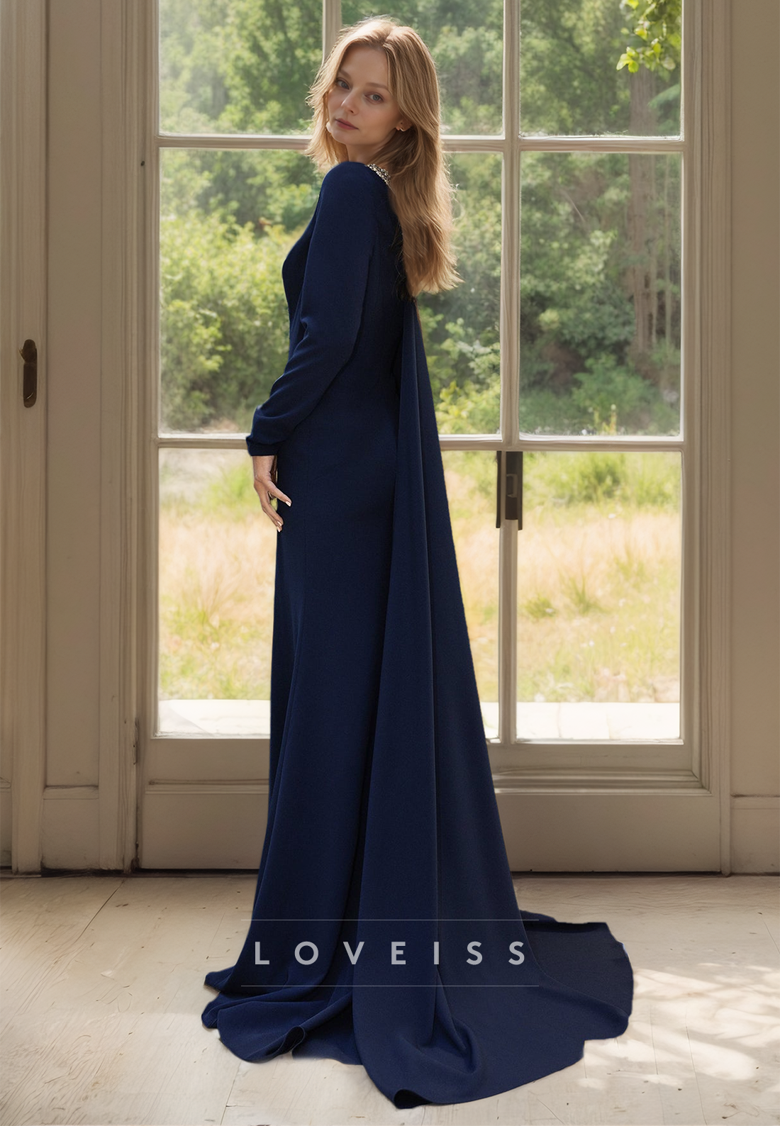 One Shoulder Long Sleeves Beaded High Slit Sheath Mother of Bride Dress