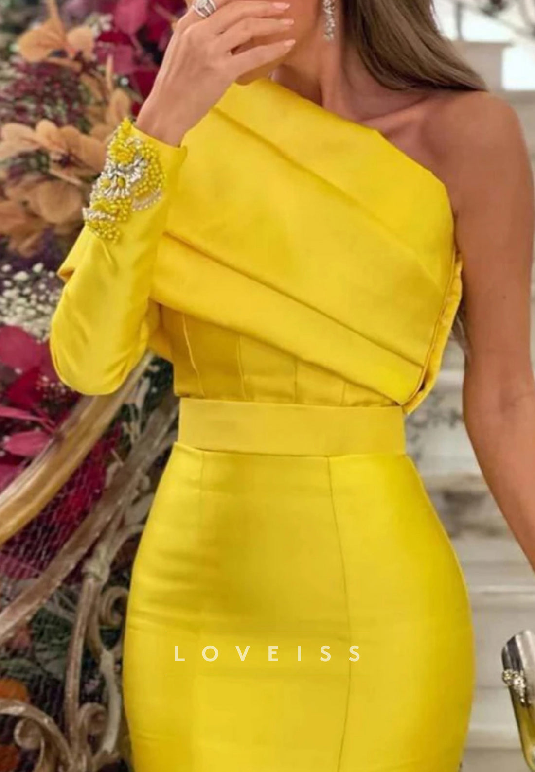 One Shoulder Long Sleeves Beaded Mermaid Evening Dress