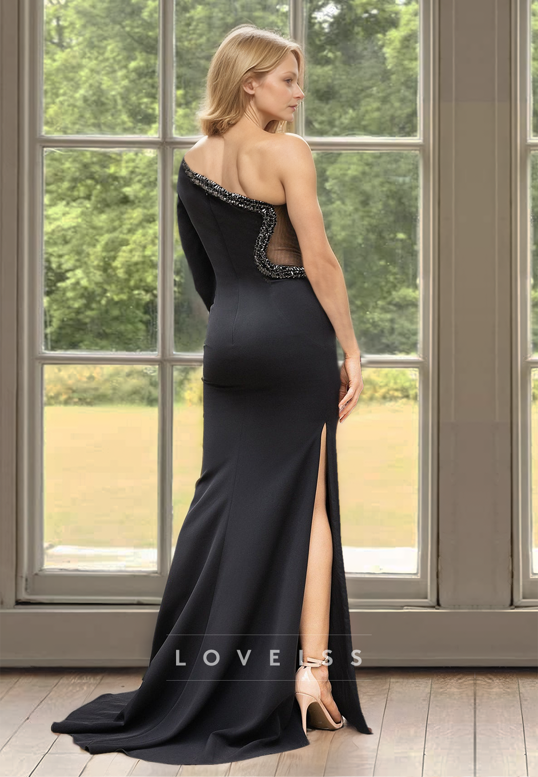 One Shoulder Long Sleeves Beaded Mermaid Mother of Bride Dress