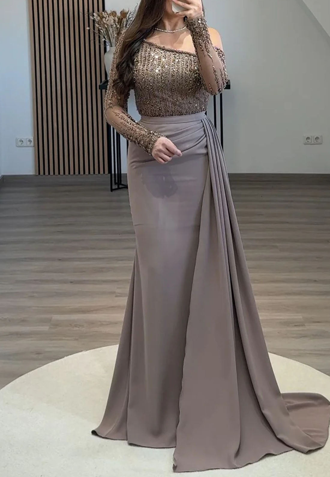 One Shoulder Long Sleeves Beaded Pleated Sheath Evening Dress