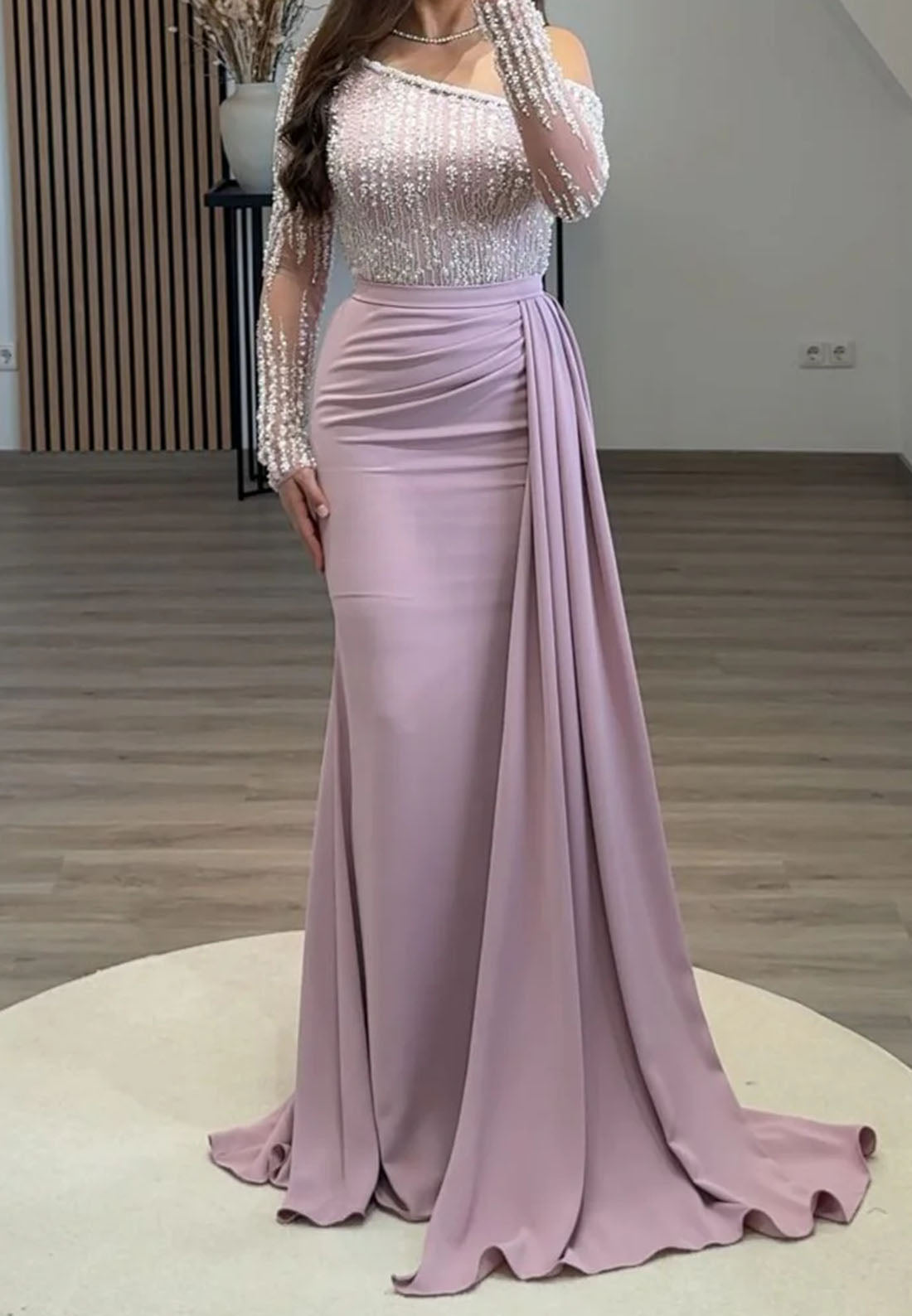 One Shoulder Long Sleeves Beaded Pleated Sheath Evening Dress