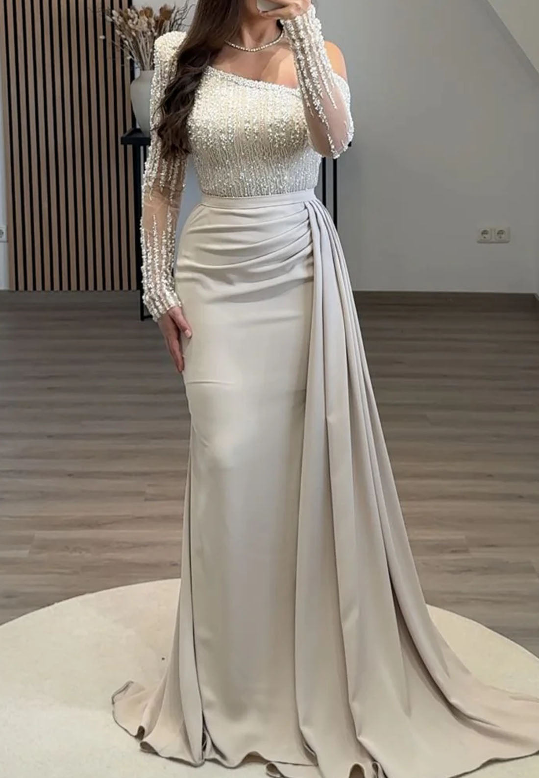 One Shoulder Long Sleeves Beaded Pleated Sheath Evening Dress