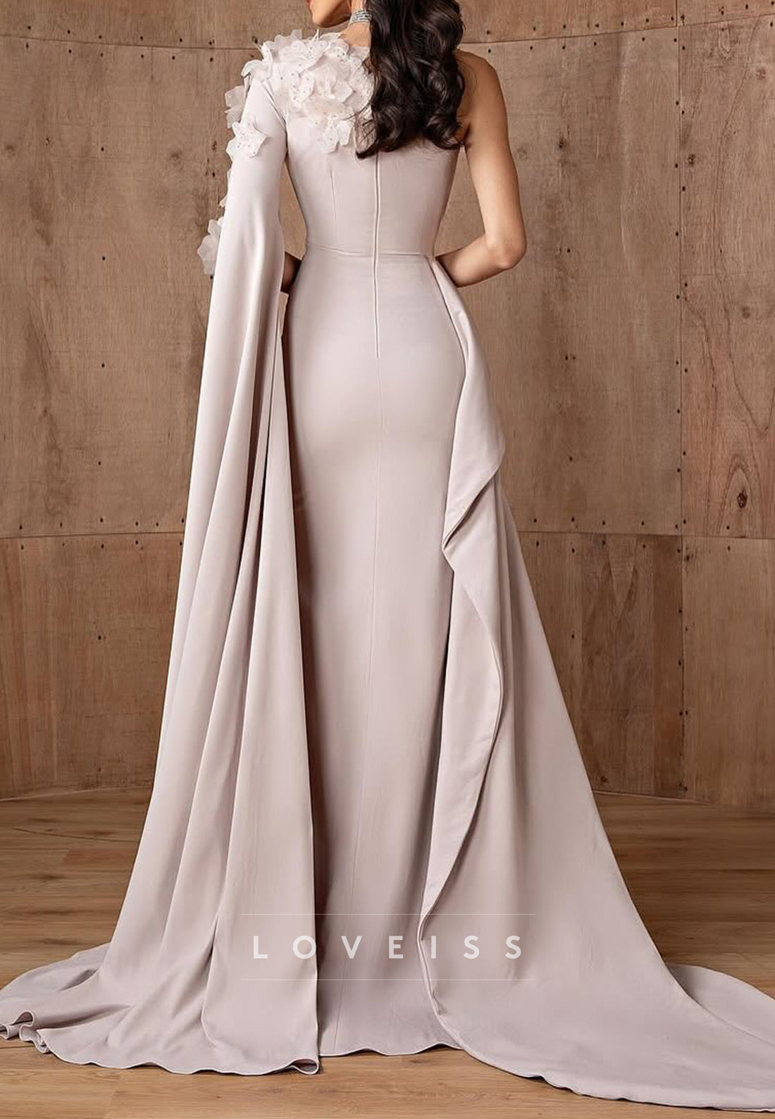 One Shoulder Long Sleeves Floral Sheath Ruffles Mother of Bride Dress