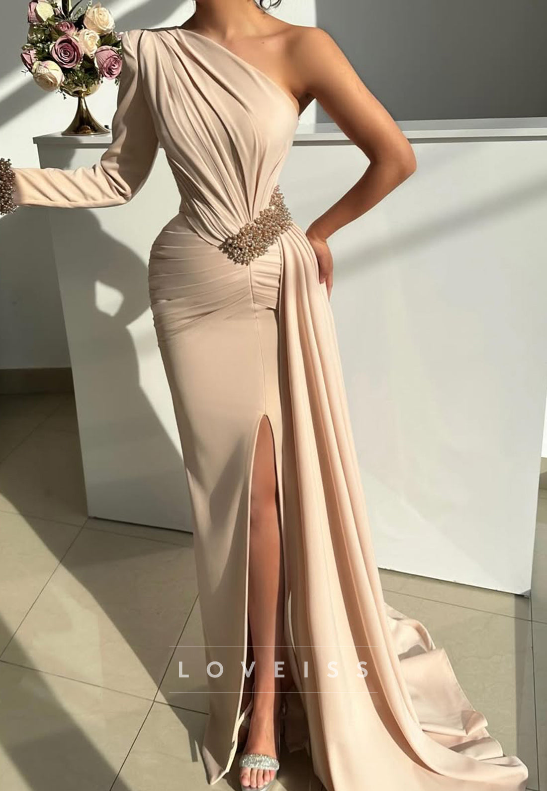 One Shoulder Long Sleeves Formal Dress Sheath Evening Dress