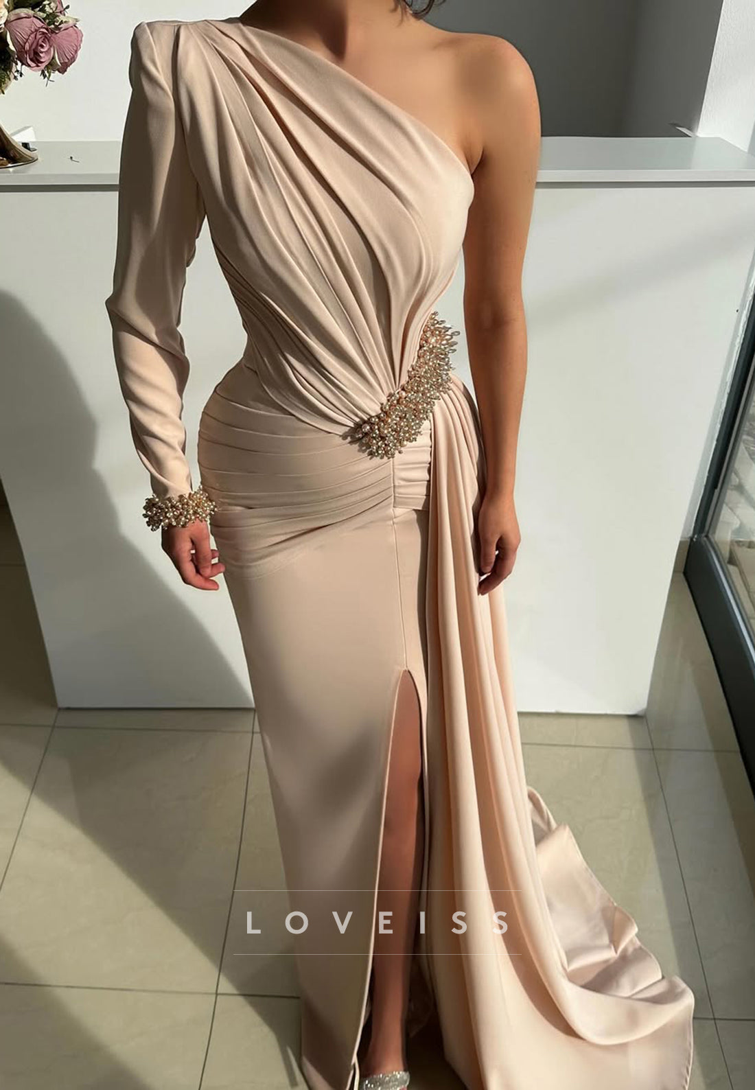 One Shoulder Long Sleeves Formal Dress Sheath Evening Dress