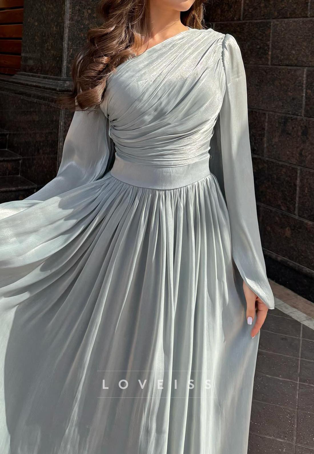 One Shoulder Long Sleeves Pleated A-Line Wedding Guest Dress