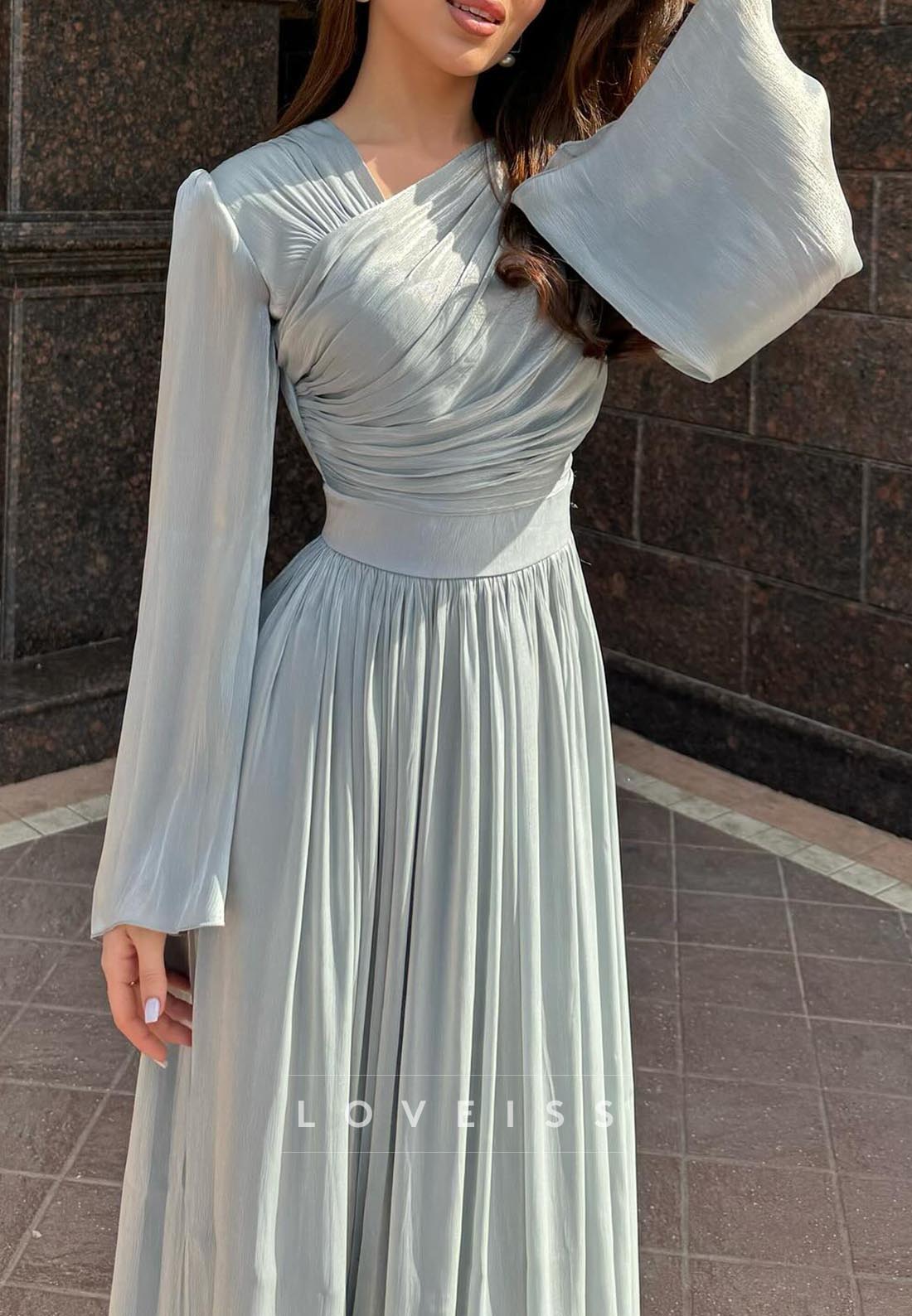 One Shoulder Long Sleeves Pleated A-Line Wedding Guest Dress