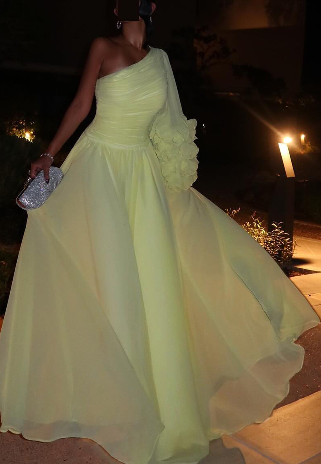 One Shoulder Long Sleeves Pleated Chiffon A-Line Evening Dress