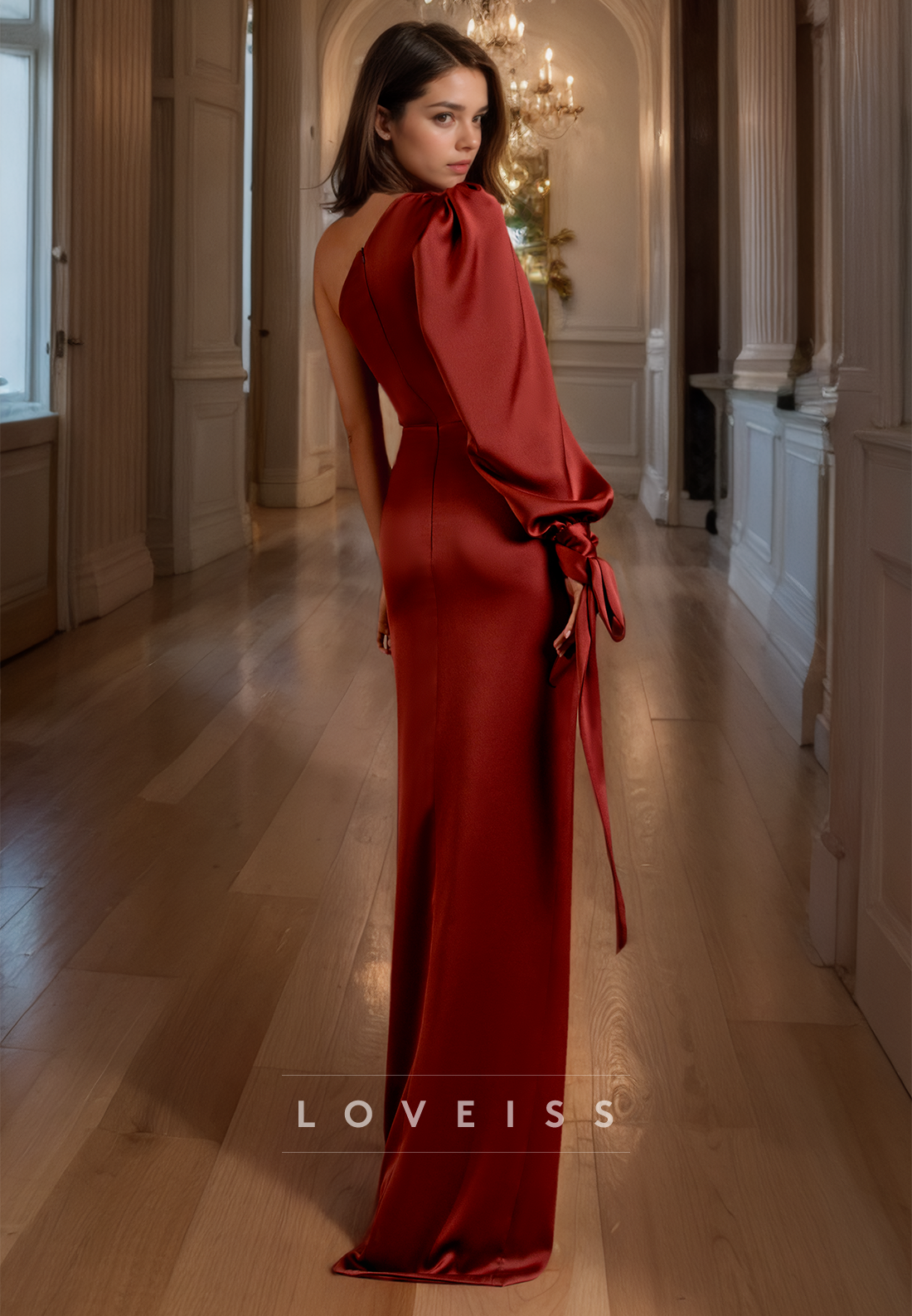 One Shoulder Long Sleeves Ruched High Slit Prom Dress