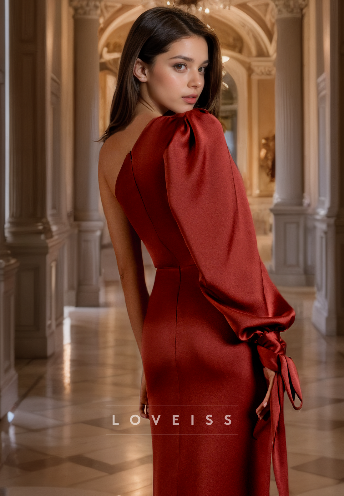 One Shoulder Long Sleeves Ruched High Slit Prom Dress