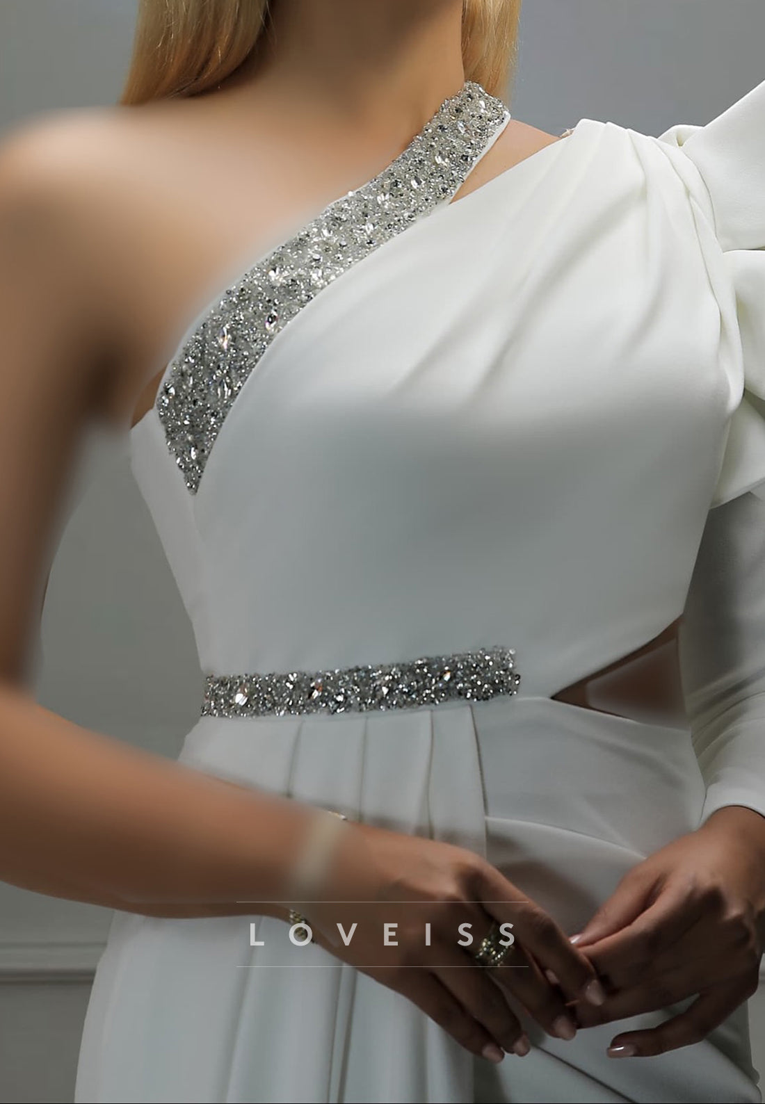 One Shoulder Long Sleeves Ruffles Beaded Sheath Mother of Bride Dress