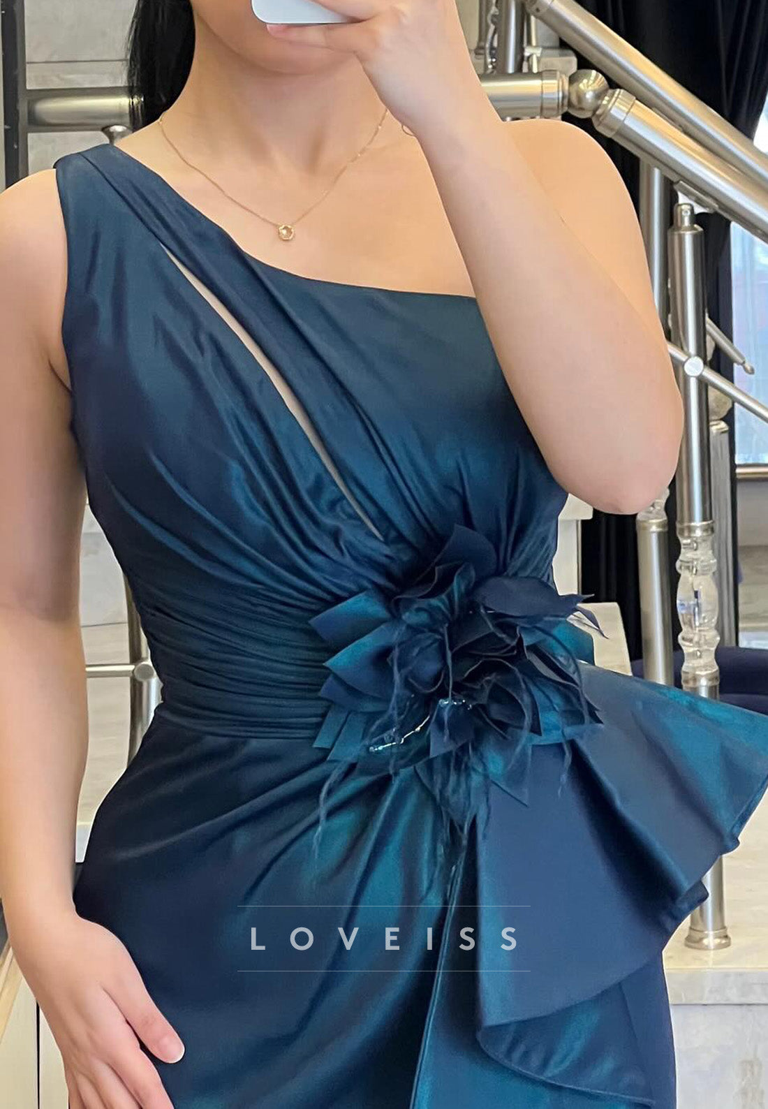 One Shoulder Pleated 3D Floral Sheath Mother of Bride Dress Evening Dress